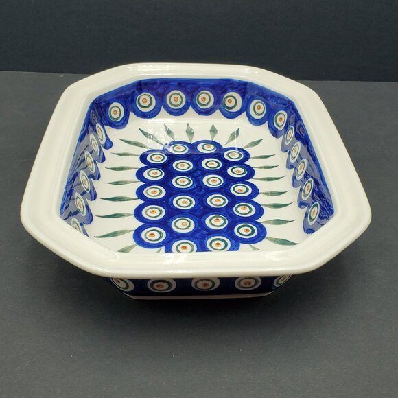 Polish Pottery Peacock Leaves 10" Baker Rectangular Octagonal BakingServing Dish - Picture 4 of 11